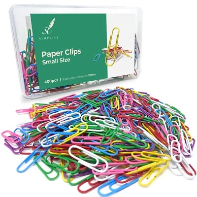 SIMPLIFE 400 Paperclips Assorted Colours 28mm, Small Size, Metalic Paper Clips, Clear Box