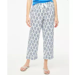 J. Crew NWT $59.50 Cropped Cotton Pajama Pant in White Calm Blue Floral | Sz L - Picture 1 of 2