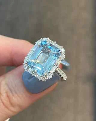 5.80 Ct Emerald Cut Natural Aquamarine Diamond Ring 14K Solid White Gold Size 7 - Image 1 of 4