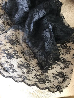 Black Floral Lace Fabric Sheer  15 Inches Long 42 Inches Wide Scalloped Edges - Image 1 of 4