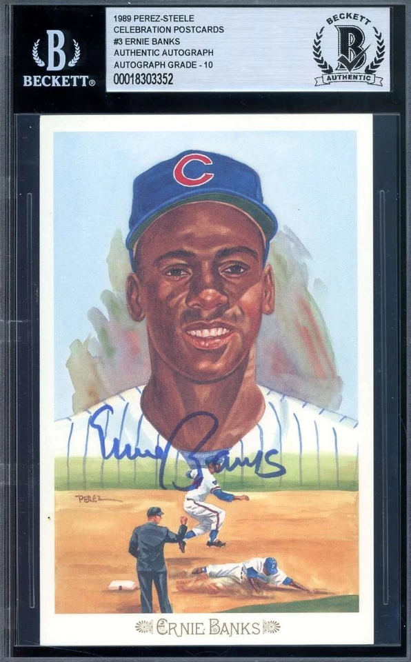 Ernie Banks 宝石完好 10 贝克特 BAS 签名 Perez Steele 庆祝明信片 签名 — 第 1/2 张图片