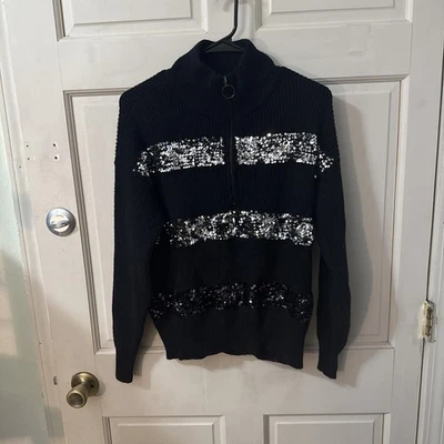 Nine West Black Sequined Stripe 1/4 Zip Sweater Women’s XS - Image 1 of 4