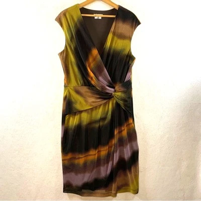 Vestido midi psicodélico London Times tamanho 14 retrô discoteca cyber falso envoltório escritório - Imagem 1 de 4