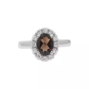 Natural Smoky Quartz Gemstone Halo Engagement Ring 925 Sterling Silver Ring - Picture 1 of 4
