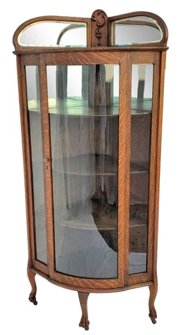American Tiger Oak Bowed Bent Glass China Corner Cabinet with Claw Feet 1900s Cover