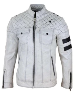 Mens real leather jacket biker zipped casual napa stripes black white Coat - Picture 1 of 4