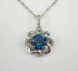 1.50Ct Round Lab-Created London Blue Topaz Flower Pendant 14K White Gold Over - Picture 1 of 9