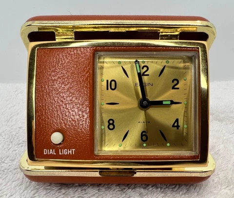 1960s Elgin Orange Travel Alarm Clock with Dual Light ~Folding Alarm Clock Cover