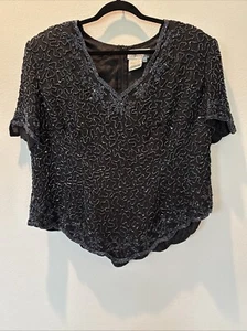 Papell Boutique Evening Womens Size 2x Top 100% Silk Beaded Black Holiday Party - Picture 1 of 8