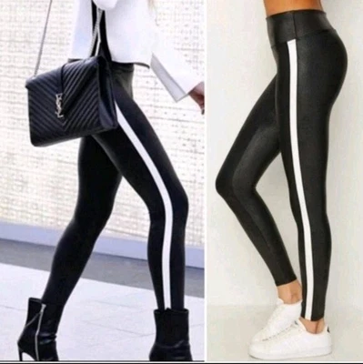 NUEVO CON ETIQUETAS SPANX Leggings a Rayas de Cuero Sintético Para Mujer Talla S Deportivos Lado Negro Blanco Foto 1 de 4