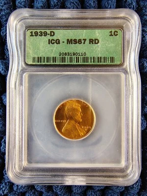 1939-D Lincoln Wheat Cent - ICG MS 67 RD - R-3.0 - Estimated Survival 10,000 - Image 1 of 4