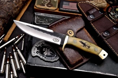 Cuchillo deportivo CFK hecho a mano 440C personalizado ELK SCRIMSHAW BONE caza camping desollar Foto 1 de 4