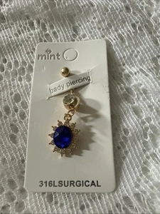 Belly Button Ring 316L Surgical Steel With Dangling Blue Stone-Gold Plated- New - Picture 1 of 4