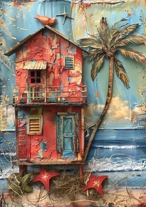 Red Beach House Wall Art Print 8x10 Coastal Cottage Ocean Decor Tropical Unframe - Picture 1 of 2