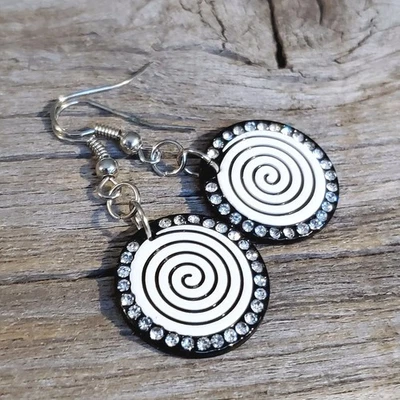 Vintage Y2K White Black Lucite Austrian Crystal Circle Swirl Earrings - Image 1 of 4