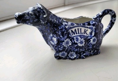 Vintage Staffordshire Burleigh Calico Cobalt Blue & White Cow Milk Jug Creamer - Image 1 of 4