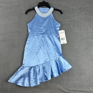 Rare Editions Big Girls Sleeveless Imitation Pearl Halter Social Dress - Blue - Picture 1 of 11