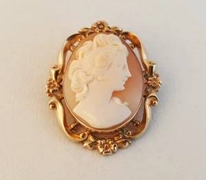 Antique 10k gold carved shell cameo pin pendant ornate fancy nicely carved - Picture 1 of 14