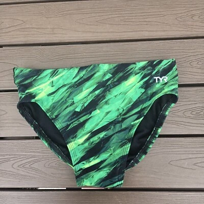 TYR Durafast Men’s Crystallized Green Allover Racer Briefs  Sz 30 NEW Sample  - Image 1 of 3