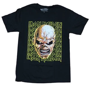 Iron Maiden Mens T-Shirt - Eddie Face Over Yellow Line Name Drop - Picture 1 of 1