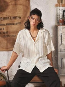 Camicia manica corta scavata uomo estiva sciolta casual retrò moda top - Foto 1 di 12