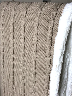 Max Studio Crochet Knit Reversible Sherpa Throw Blanket Light Brown Thick  50x60 - Image 1 of 4