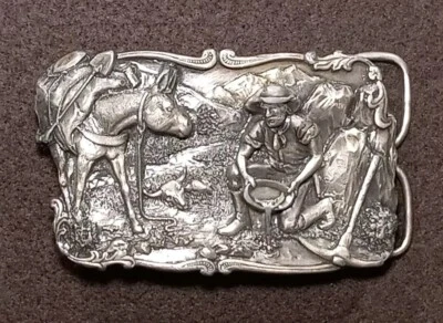Vintage 1981 Pewter High Relief GOLD PROSPECTOR Belt Buckle Man Mule Frontier  - Image 1 of 4