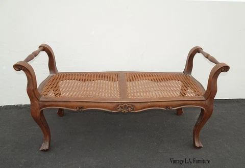 Italian Vintage French Country Brown Cane Bench with Rolled Arms Made in Italy Cover