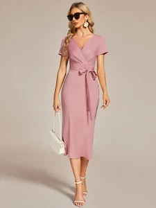 Women's Short Sleeves V-Neck Tie-Waist Sheath Wedding Guest Dress (&Plus Size) - Picture 1 of 44