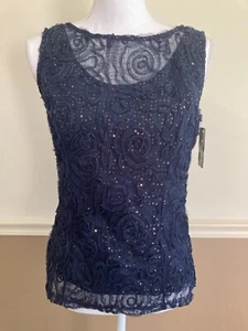NEW Onyx Nite Tank Top SMALL Navy Blue Floral Sequin Glitzy  Elegant - Picture 1 of 7