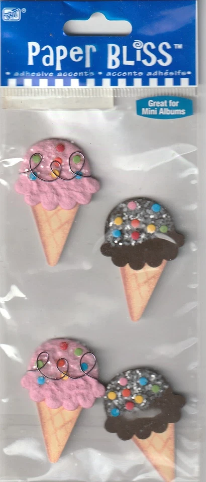RARE! Vintage Paper Bliss ICE CREAM CONES 3-D stickers 02592 FAST FREE SHIP - Image 1 of 1