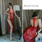 Women Sexy Deep V Neck Backless Sheer Lace See Through Dress+G-Strings Set