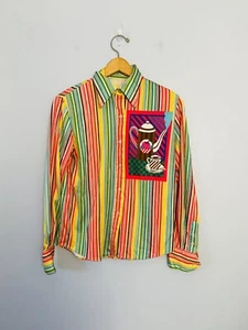 Vintage 70s Novelty Print Polyester Button Up Blouse Colorful Striped Coffee Tea - Picture 1 of 6