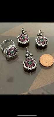 Genuine earth mined emerald and ruby earrings pendant ring cubic zirconia - Image 1 of 4
