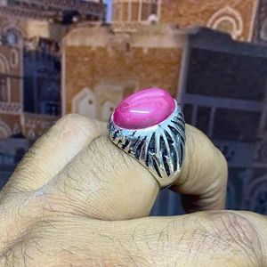 WOW 925 Sterling Silver Men’s Ring pink Yemeni Agate Aqeeq Stone mens jewelry - Picture 1 of 9