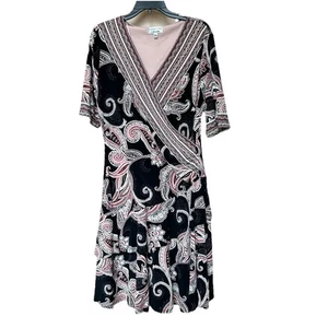 Signature Robbie Bee Dress XL Black Paisley Faux Wrap Stretch Midi Tiered NWT - Picture 1 of 9