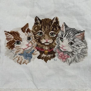 Vtg Cross Stitch Cats Pillow Cover 16x16 Blue Floral Ruffle Kitties fits 12x12 - Picture 1 of 11