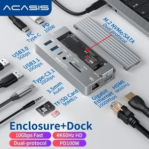 ACASIS USB C Hub Docking with NVMe/NGFF SSD Enclosure 10 in 1 HDMI for Laptop PC - Picture 1 of 10