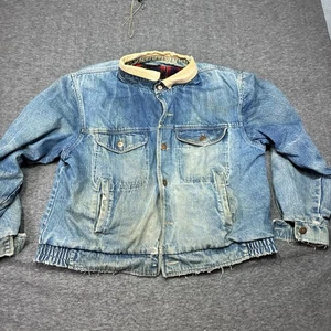Vintage Eddie Bauer Trucker Jacket Denim Jean Men Large Flannel Blanket Grunge - Picture 1 of 13
