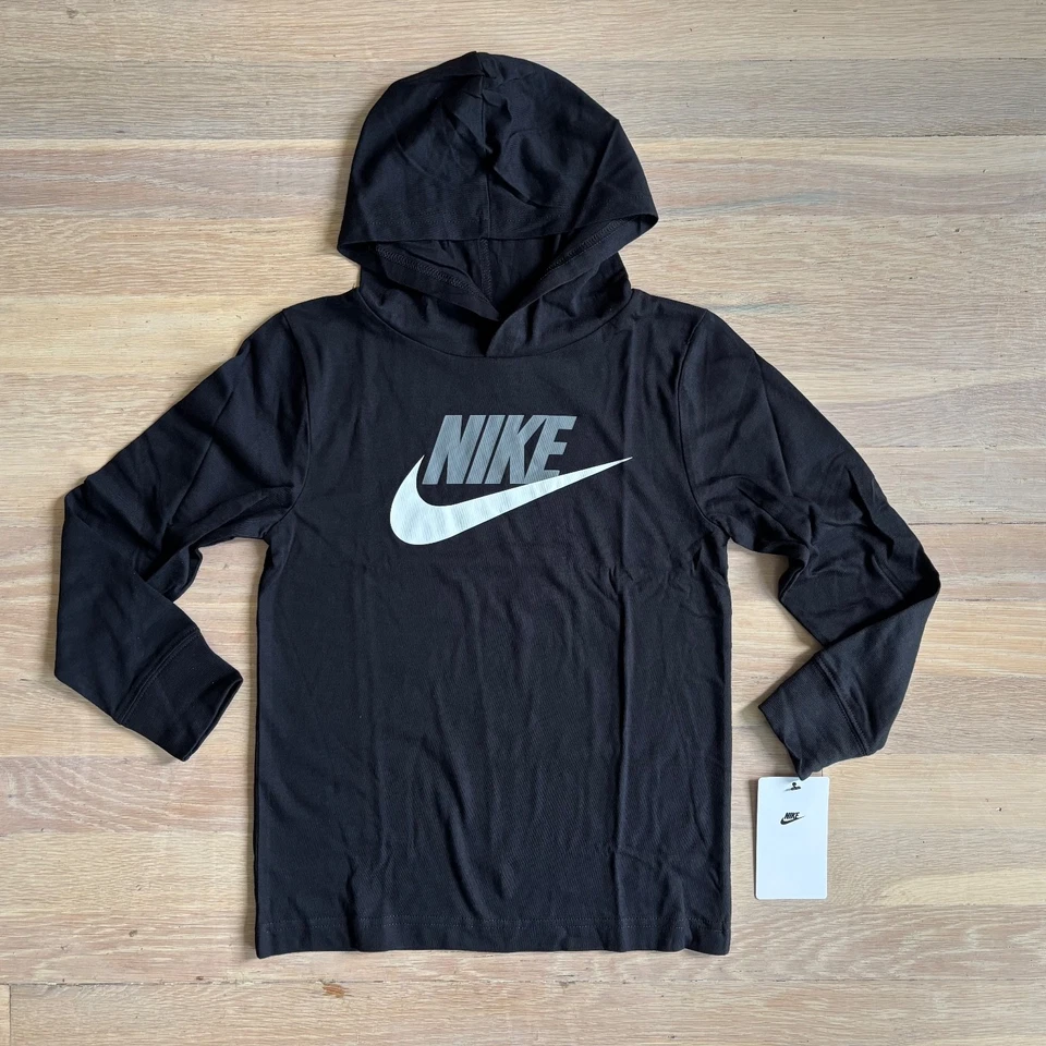 Boys black nike hooded big swoosh logo sweatshirt size 5 nwt - Image 1 of 1