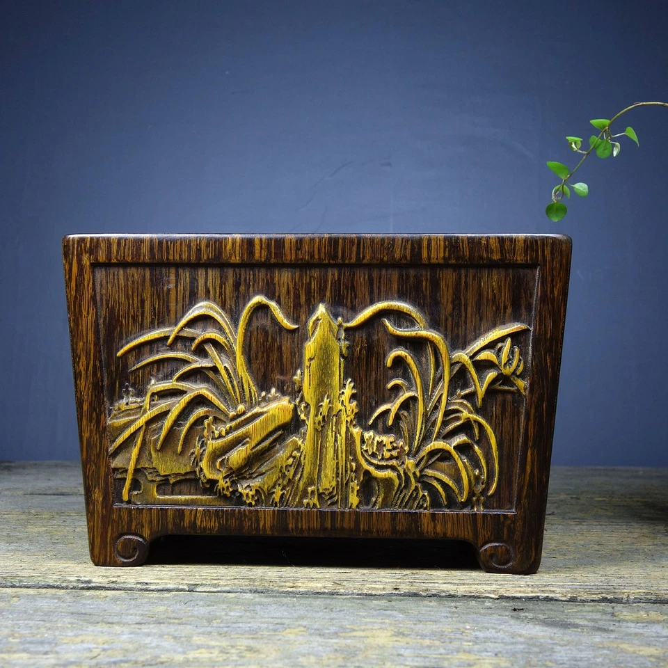 Queimador de incenso esculpido amarelo bambu incrustado clássico antigo de sândalo porcelana 7,1" - Imagem 1 de 4