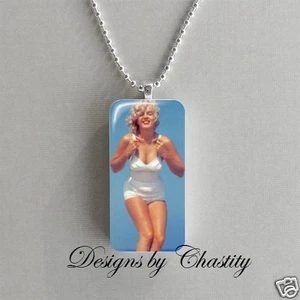 Marilyn Monroe Necklace Domino Charm Pendant Pin-up Girl White Swim Suite Beach - Picture 1 of 1