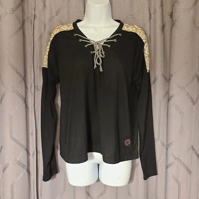 Double D Ranch Black Beaded Tie Neck Long Sleeve T Shirt M  - Image 1 of 4