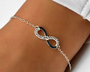 925 Sterling Silver Infinity Bracelet Pave CZ Charm Adjustable Chain - Picture 1 of 4