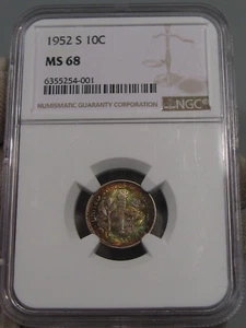 Gorgeous Rainbow Toned Gem BU 1952-S Silver Roosevelt Dime NGC MS68.  #11 - Picture 1 of 10