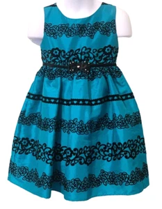 Sweet Heart Rose Girls Party Dress Size 4T Teal Black Floral Lined - Picture 1 of 12