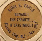 1981 John E. Earle Atlantic City, NJ Wooden Nickel - #2 Token New Jersey
