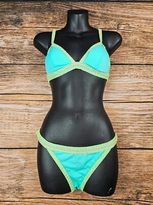 Victoria's Secret 2 Pcs Bikini Swim Teal Green Crochet Trim Top S, Bottom M EUC - Image 1 of 4