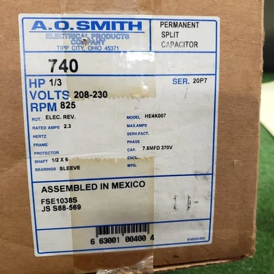 AO Smith 740 Model # HE4K007  1/3 HP, 230V, 825RPM, Rev, 2.3A Shaft 1/2x6" PSC - Image 1 of 2