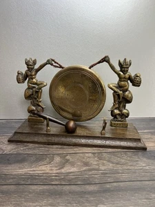 Vintage, Antique Cornish Brass Pixie Dinner Gong, Wooden Base, Unusual Curio - Picture 1 of 8